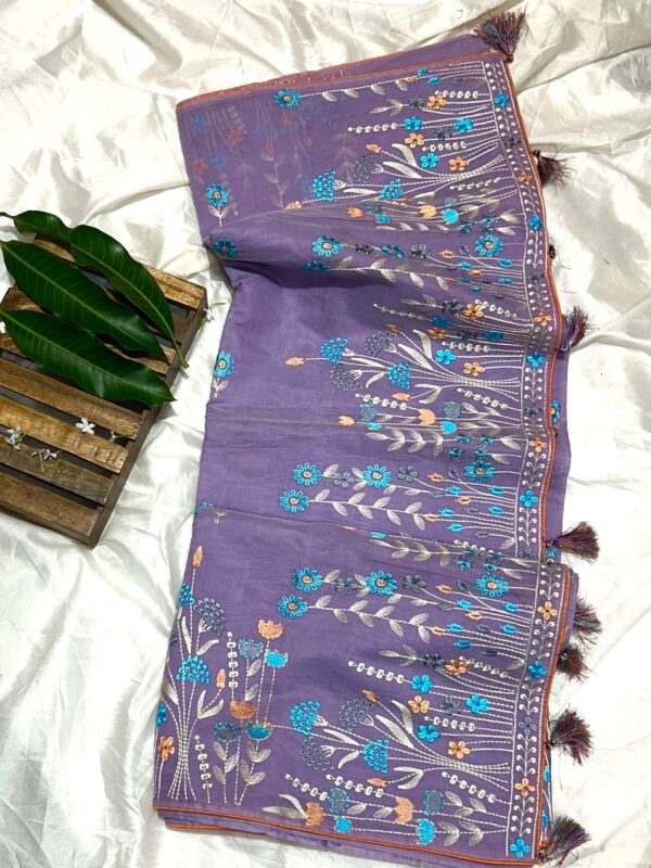 Cotton Linen Hand Embroidery Saree (Purple)