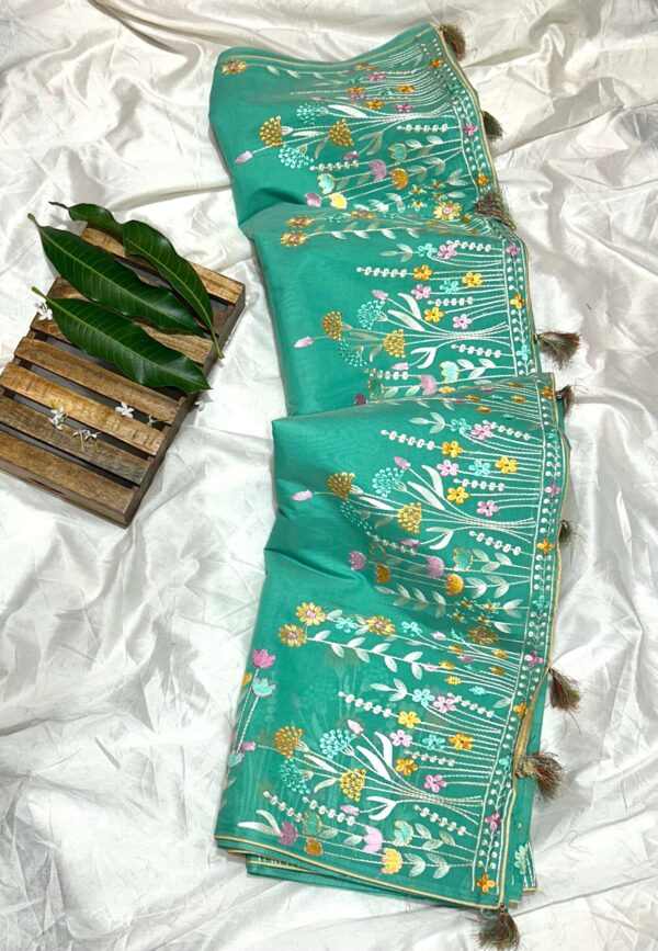 Cotton Linen Hand Embroidery Saree (Green)