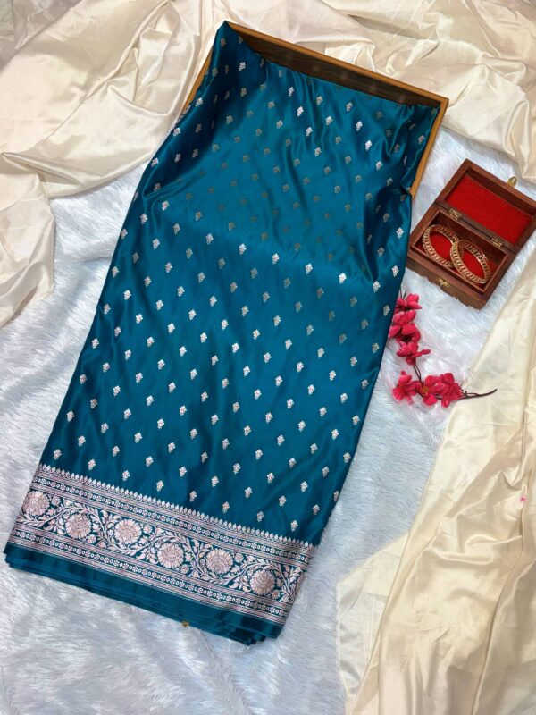 Teal Blue Pure Katan Mashru Silk Banarasi Saree with Silver Buti