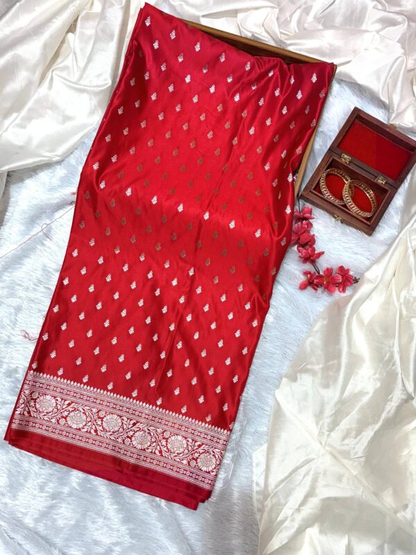 Red Pure Katan Mashru Silk Banarasi Saree with Silver Buti