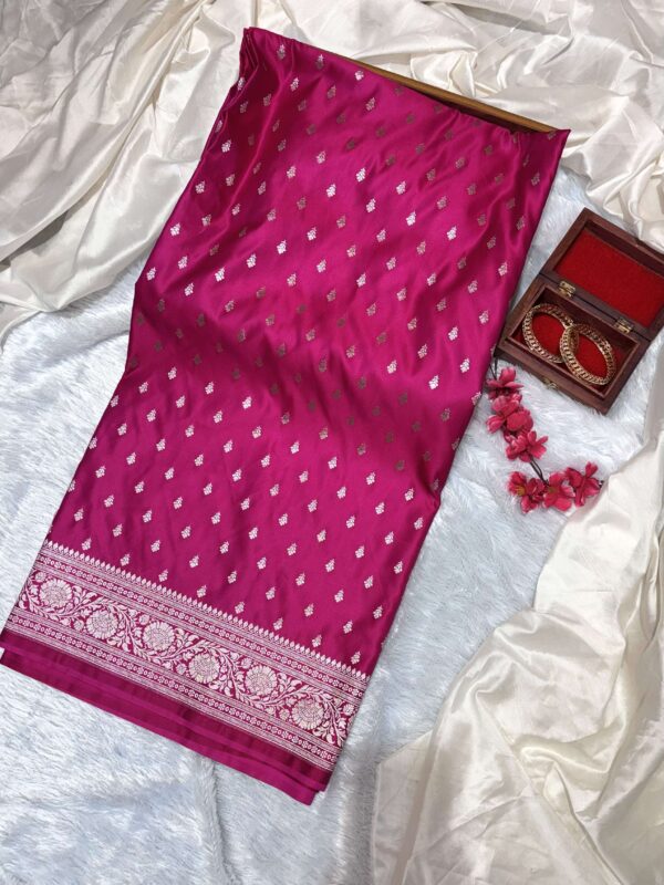 Rani Pink Pure Katan Mashru Silk Banarasi Saree with Silver Buti
