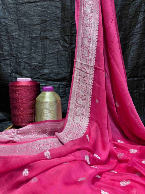 Hot Pink Pure Banarasi Georgette Silk Saree with Silver Zari Work