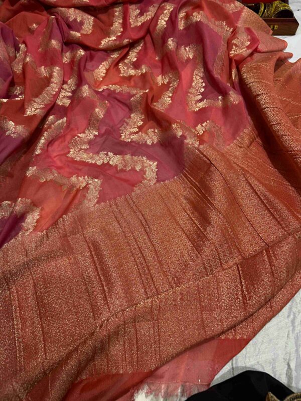 Maroon Pink Pure Chiffon Rangkat Silk Saree with Golden Zari Work