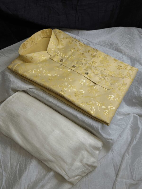 Men's yellow Jacquard Kurta Pajama Set with Golden Floral Print