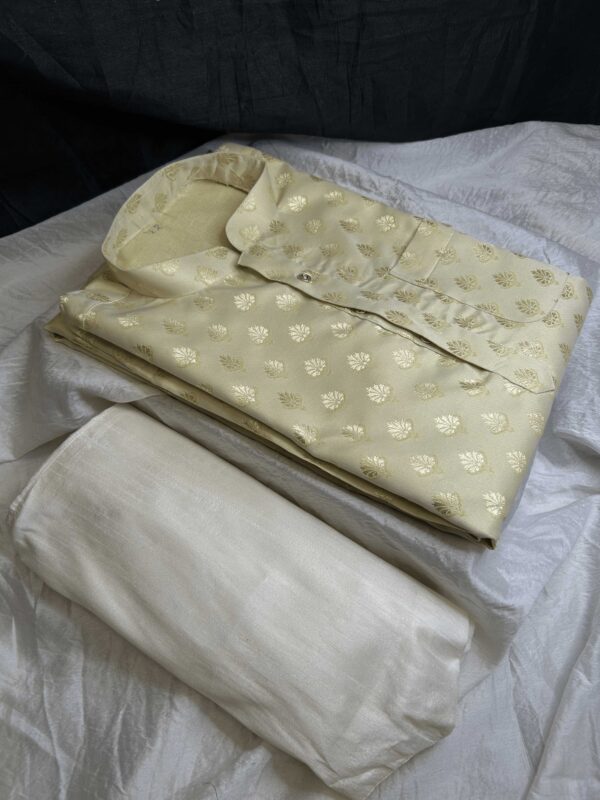 Men's Cream Gold Jacquard Kurta Pajama Set with Golden Floral Brocade