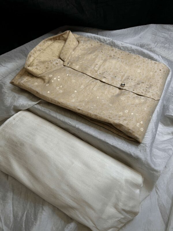 Men's Beige Jacquard Kurta Pajama Set with Silver Floral Embroidery