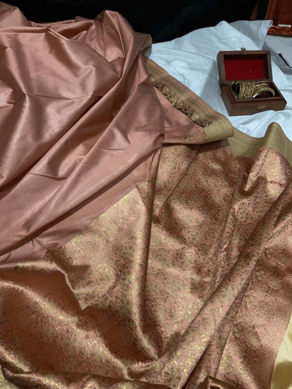 Peach Cotton Linen Silk Saree with Golden Zari Border