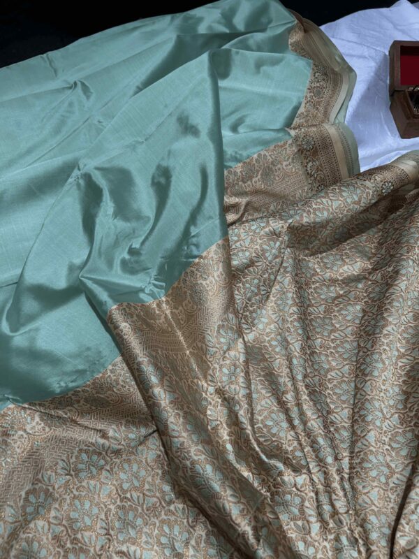 Mint Green Cotton Linen Silk Saree with Golden Zari Border