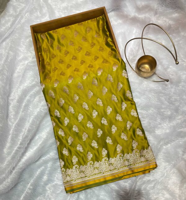Olive Green Pure Katan Mashru Silk Saree with Silver Zari Work