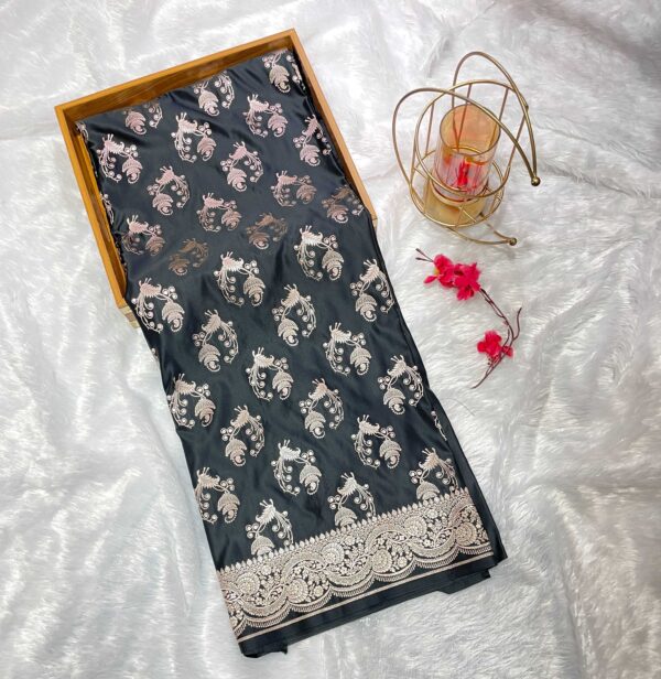 Charcoal Grey Pure Mashru Silk Saree with Silver Zari Work