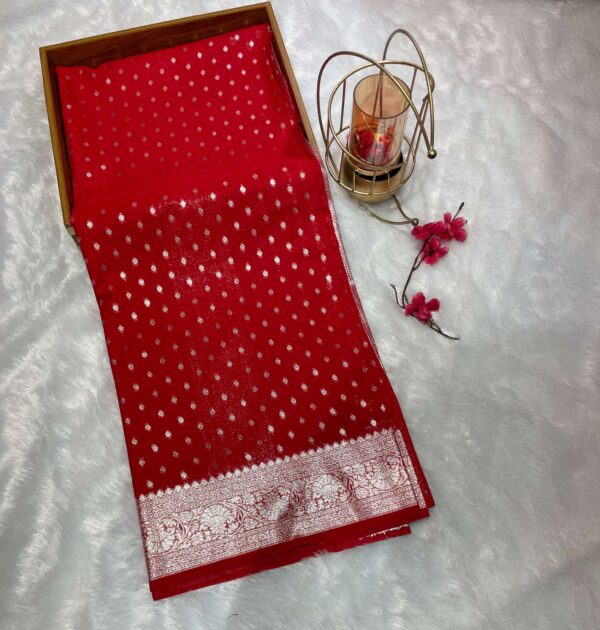 Vibrant Red Semi Georgette Silk Saree with Silver Zari Work