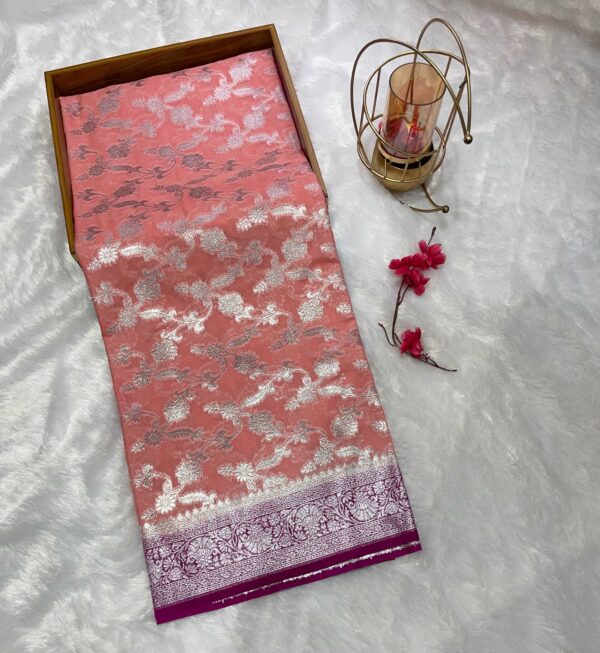 Peach Pink Pure Banarasi Silk Saree with Contrasting Purple Border