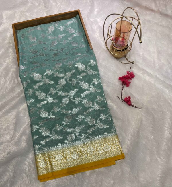 Sea Green Pure Banarasi Silk Saree with Contrasting Mustard Yellow Border