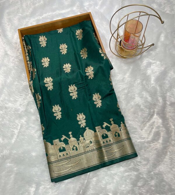 Teal Green Pure Katan Mashru Silk Banarasi Saree with Golden Buti