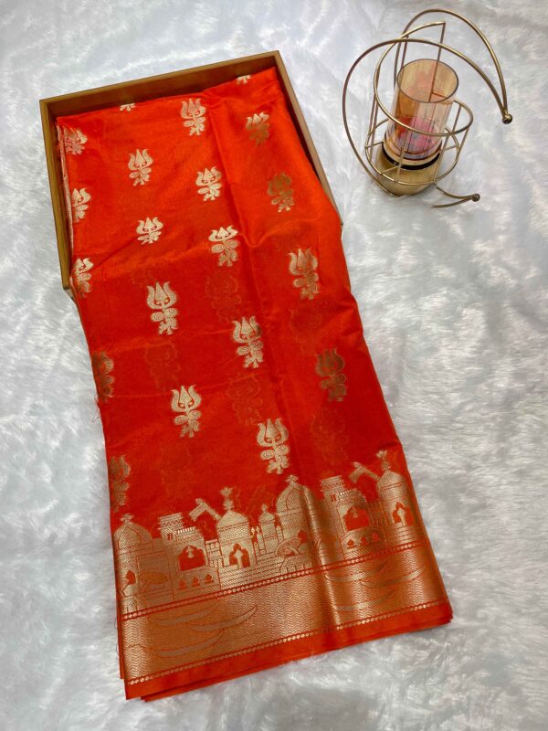 Bright Orange Banarasi Ghat Silk Cotton Saree with Gold Zari