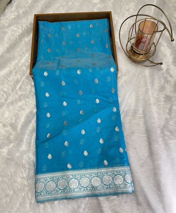 Turquoise Blue Cotton Linen Silk Saree with Silver Zari Buti