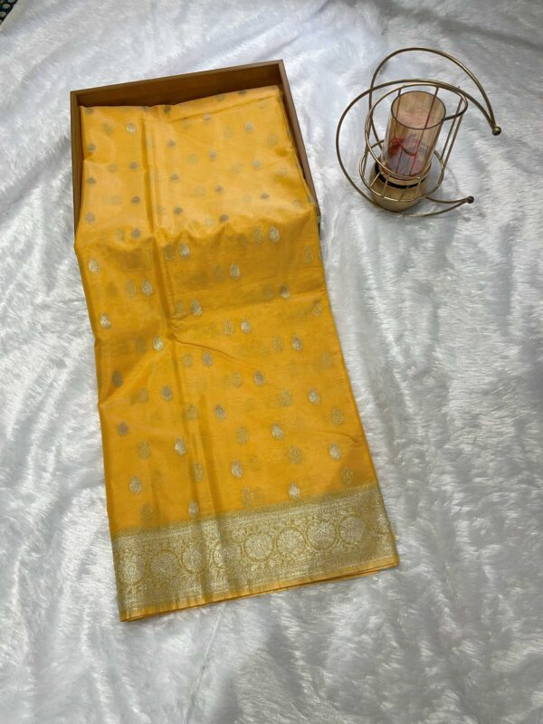 Yellow Cotton Linen Silk Saree with Silver Zari Buti