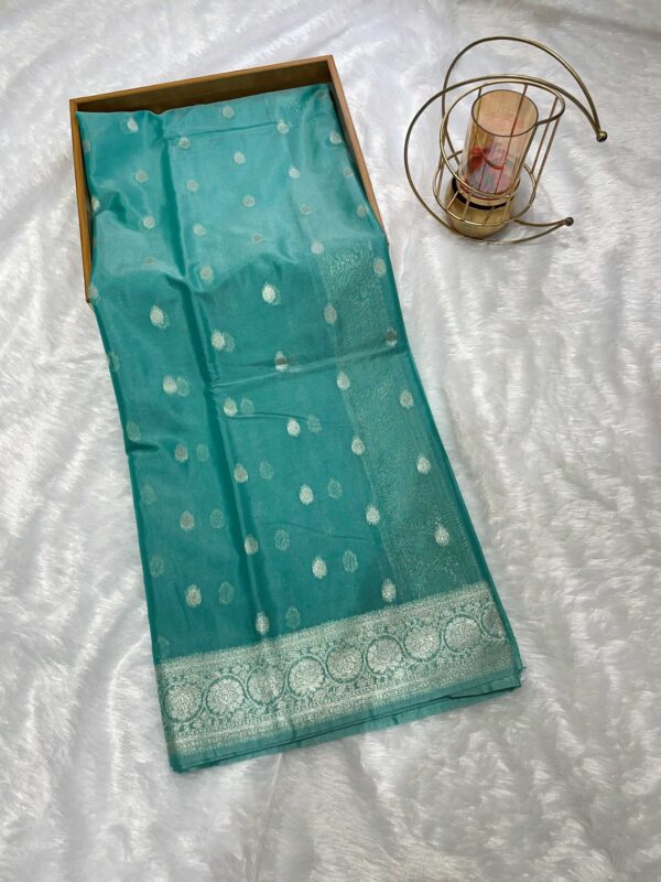 Sea Green Cotton Linen Silk Saree with Silver Zari Buti