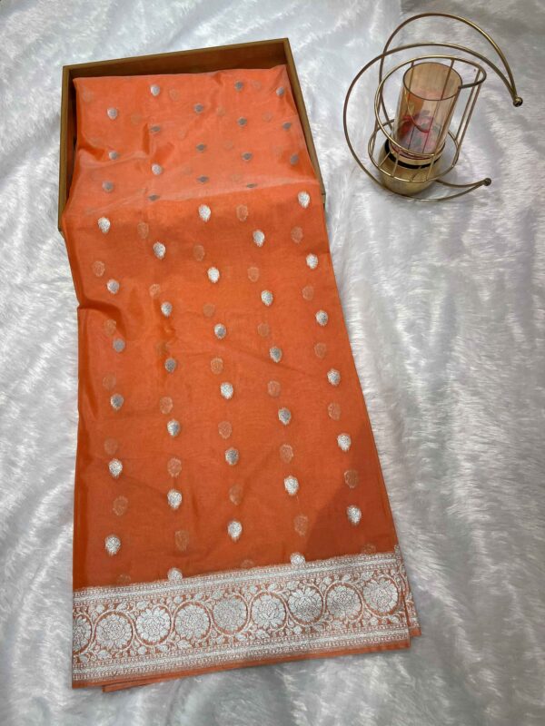 Orange Cotton Linen Silk Saree with Silver Zari Buti