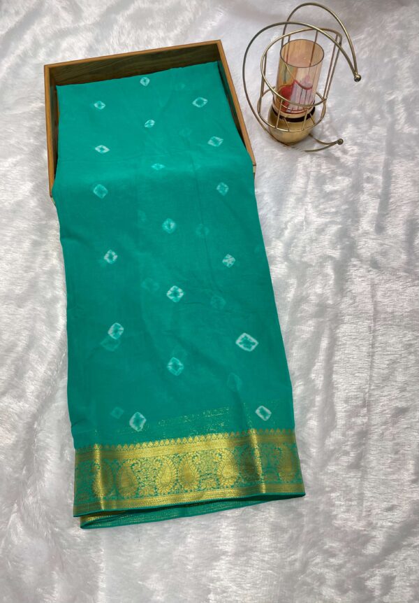 Turquoise Green Pure Silk Bandhani Saree with Golden Zari Border