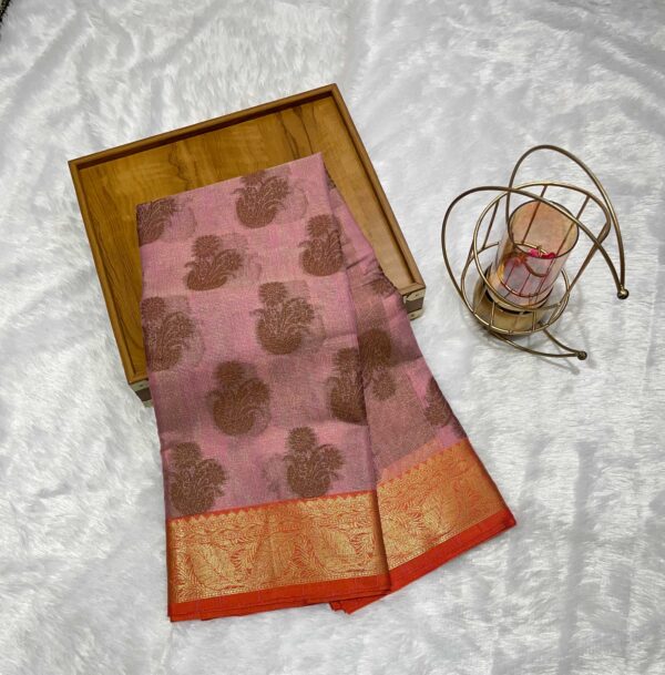 Pink Cotton Linen Supernet Saree with Golden Buti and Orange Border