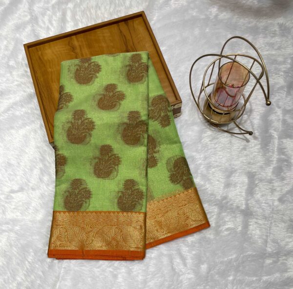 Pista Green Cotton Linen Supernet Saree with Golden Buti and Orange Border