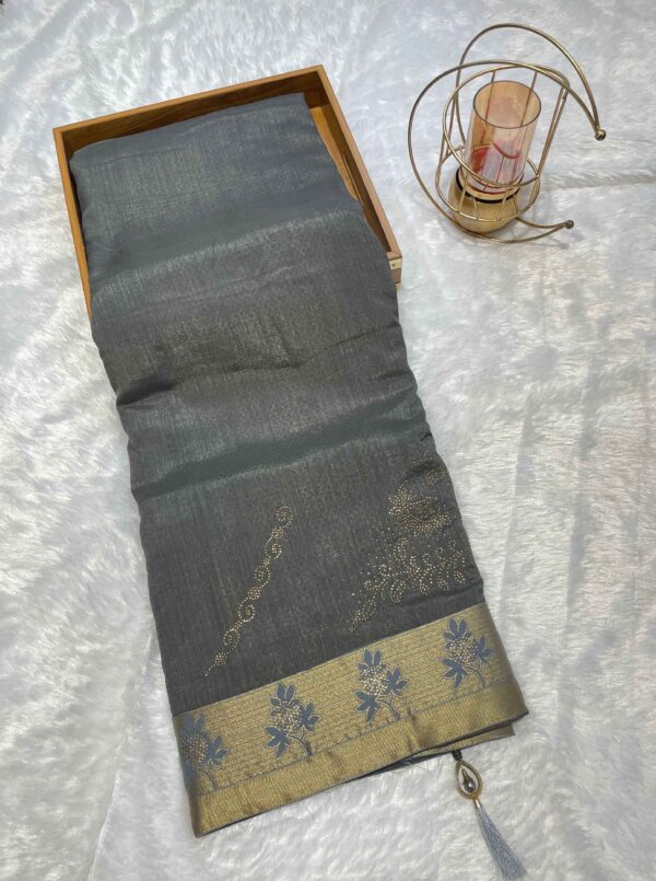 Charcoal Grey Pure Tussar Silk Saree with Golden Zari Border