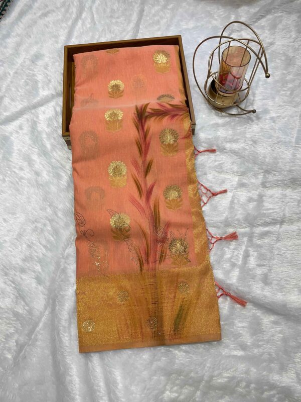 Soft Peach Pure Organza Silk Saree with Golden Zari Embellishments