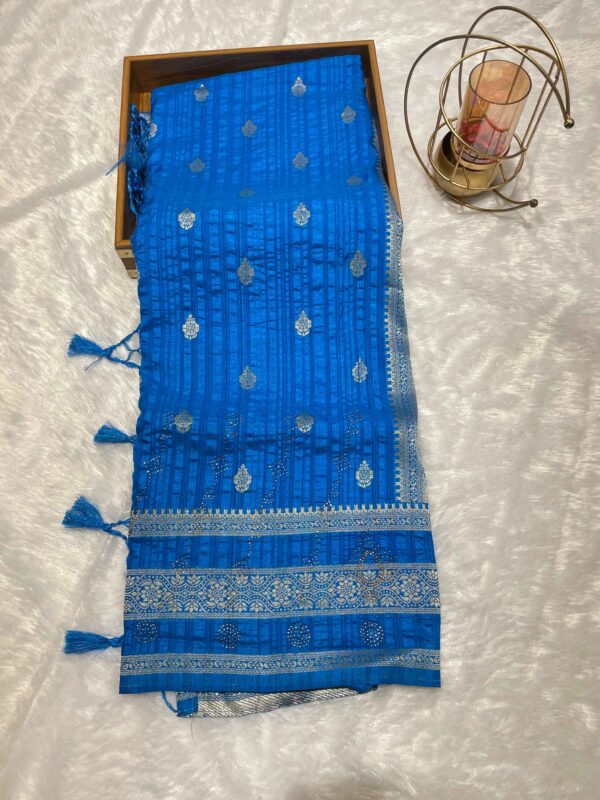 Bright Blue Pure Tussar Silk Saree with Silver Zari Brocade Border