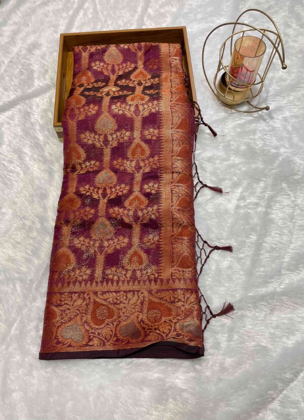 Rich Wine Purple Pure Banarasi Silk Saree with Contrasting Rust Orange Border