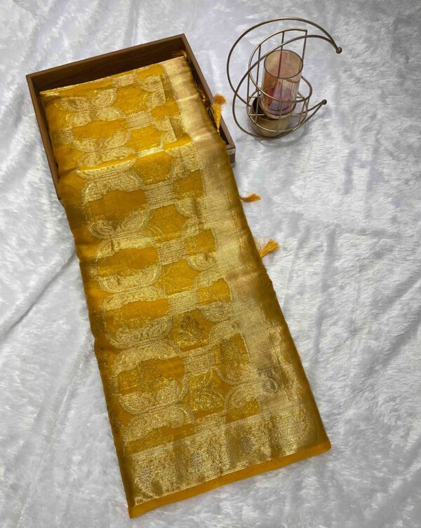 Golden Mustard Yellow Pure Banarasi Silk Saree with Silver Zari Work