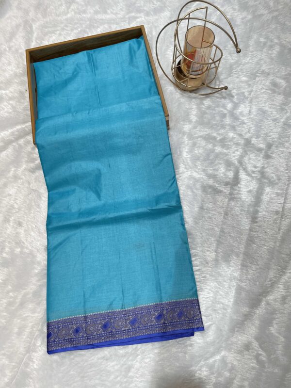 Sky Blue Tussar Silk Saree with Traditional Border