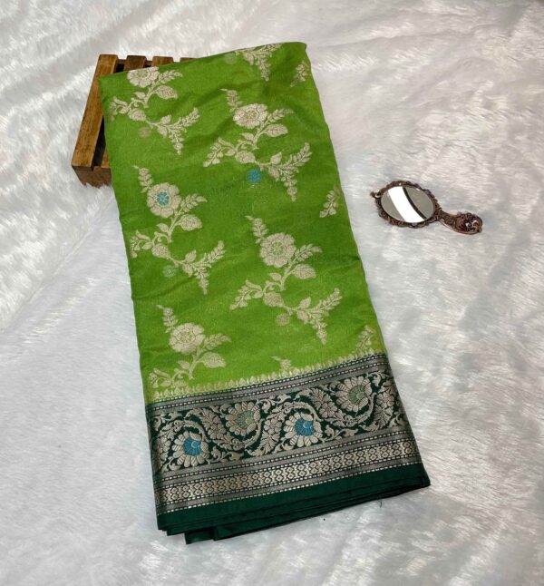 Parrot Green Pure Cotton Linen Dual Shade Banarasi Saree