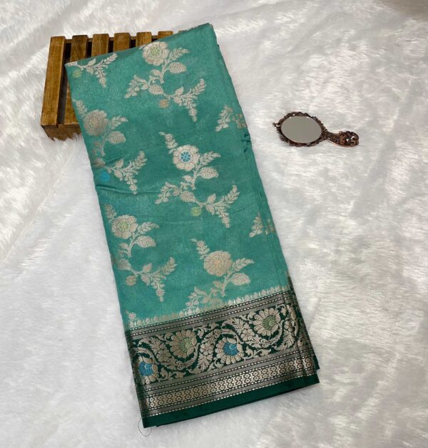 Turquoise Green Pure Cotton Linen Dual Shade Banarasi Saree