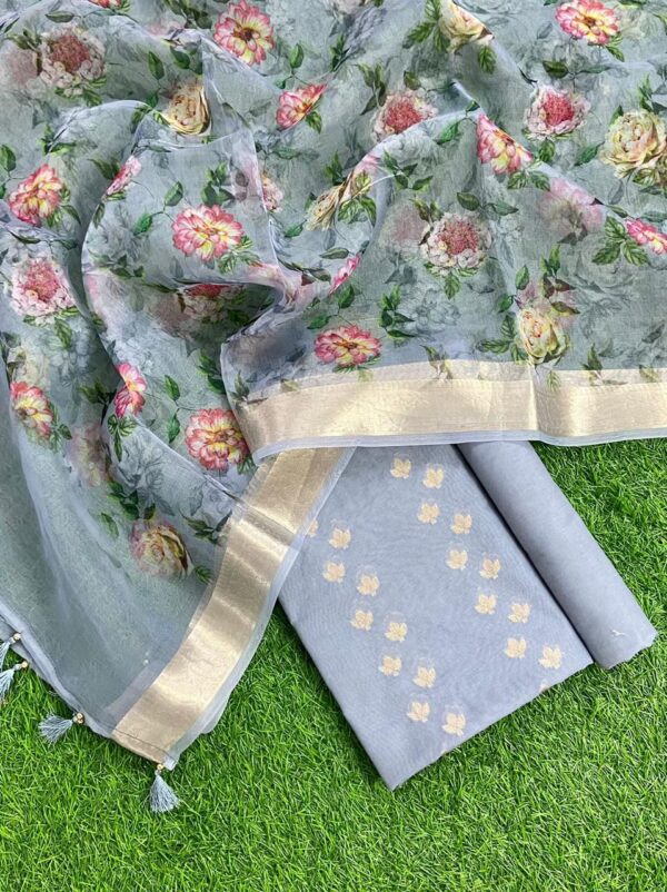 Grey Floral Pure Banarasi Print Unstitched Suit Set