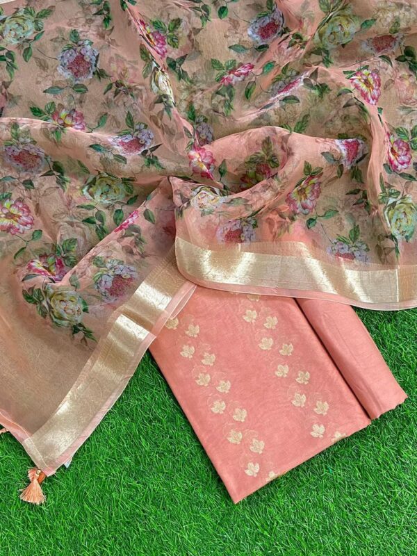 Peach Floral Pure Banarasi Print Unstitched Suit Set