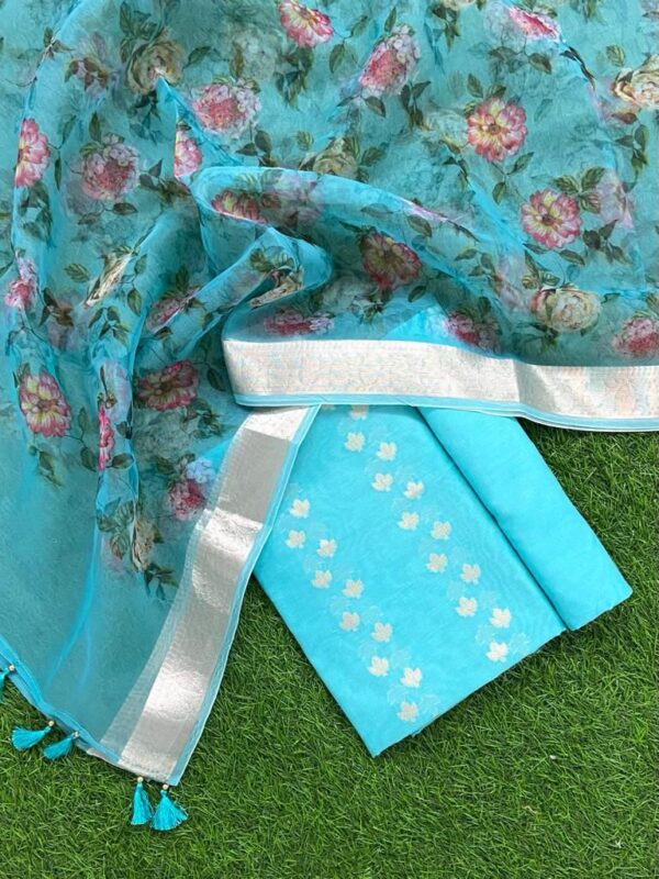 Turquoise Blue Floral Pure Banarasi Print Unstitched Suit Set