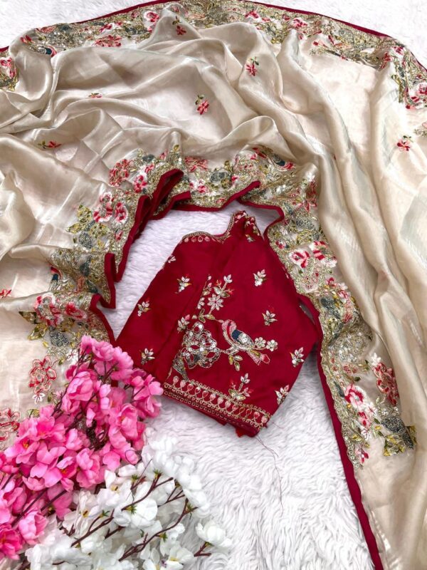 Elegant Off-White Pure Glass Tissue Silk Embroidered Saree