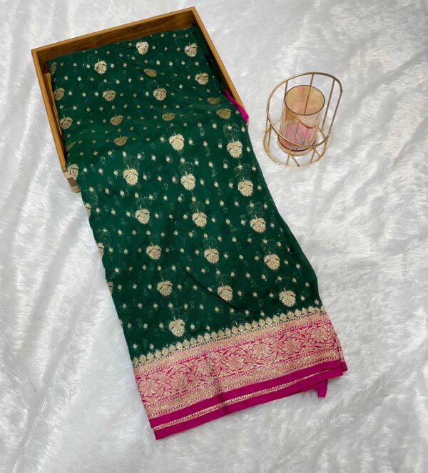 Pure Georgette Silk Saree in Emerald Green with Magenta Border